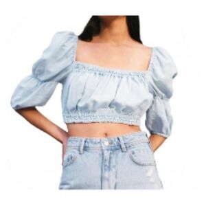 Zara Crop Top Womens Medium Light Blue Peasant Linen Blend Festival Peasant NWT